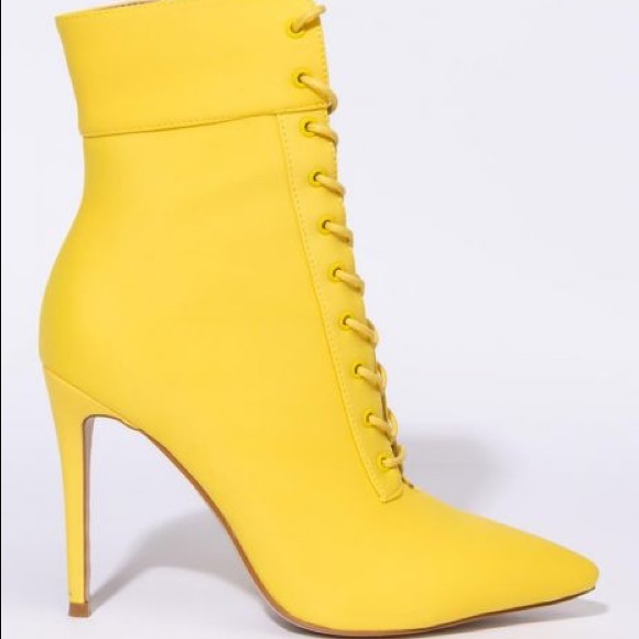 Azalea Wang Sunshine Yellow Victorian Inspired Lace Up Stiletto Booties - Picture 6 of 8